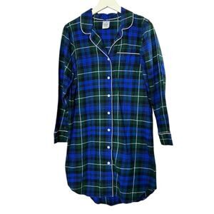 Lands End Green & Navy Blue Cotton Flannel Night Gown Women's Size Medium 10/12